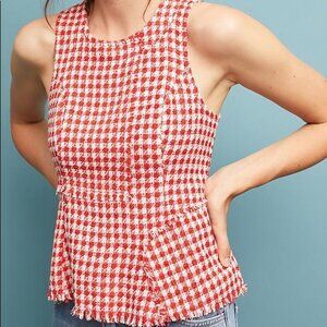 Anthropologie Maeve Red & White Velvet Houndstooth Tweed Peplum Top | Size 4